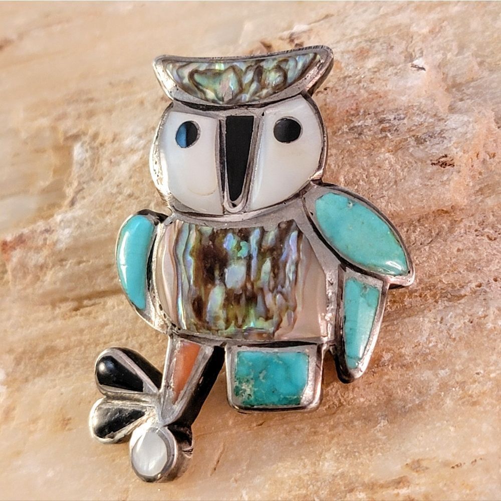 Old Pawn Zuni Sterling Owl Turquoise MOP Abalone Red Coral Brooch Pin - Picture 2 of 6
